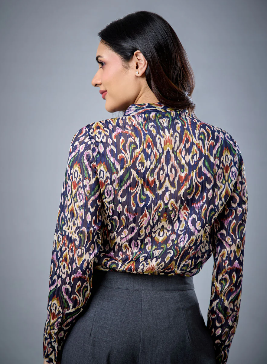 Neck Tie Long Sleeve Blue Top - Image 2