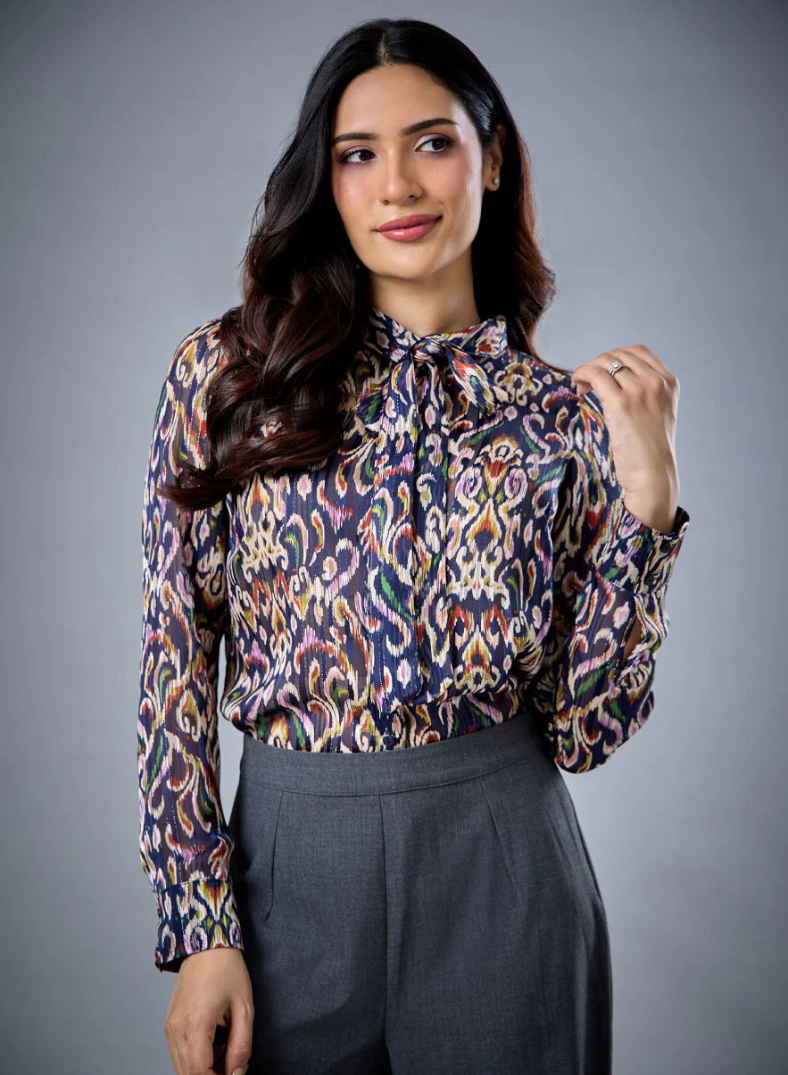 Neck Tie Long Sleeve Blue Top - Image 4