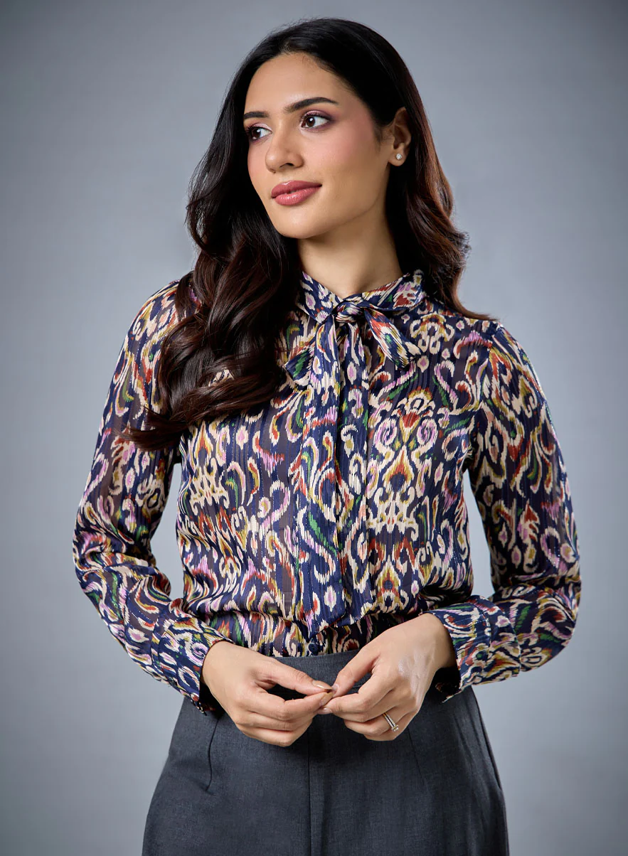 Neck Tie Long Sleeve Blue Top - Image 5