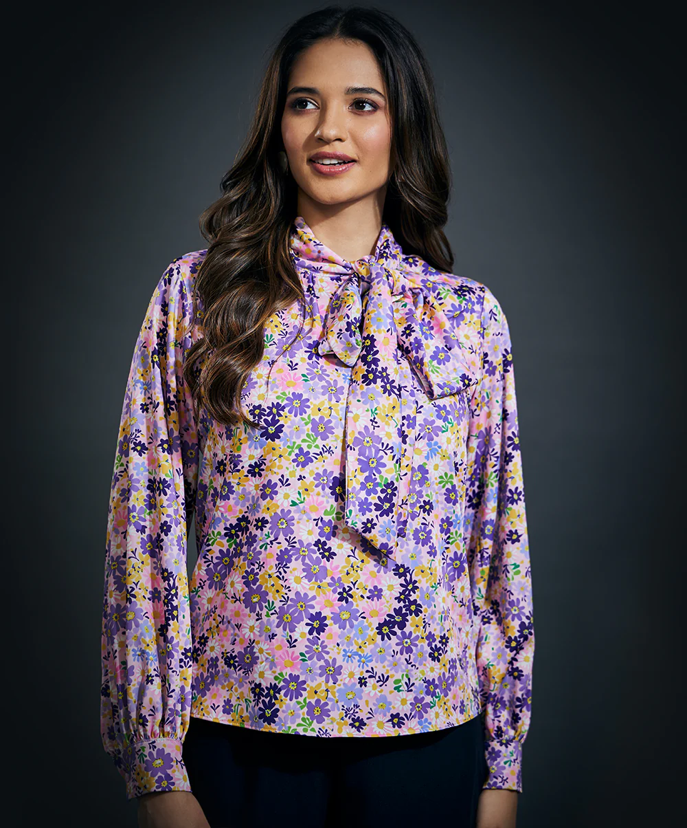 Neck Tie Long Sleeve Pink Satin Top - Image 3