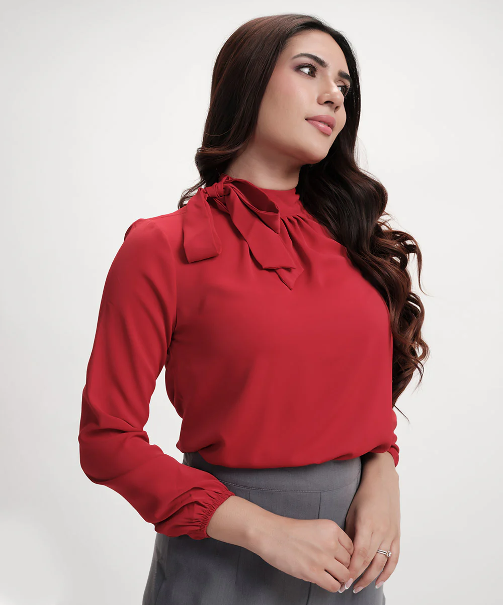 Neck Tie Long Sleeve Red Chiffon Top - Image 2