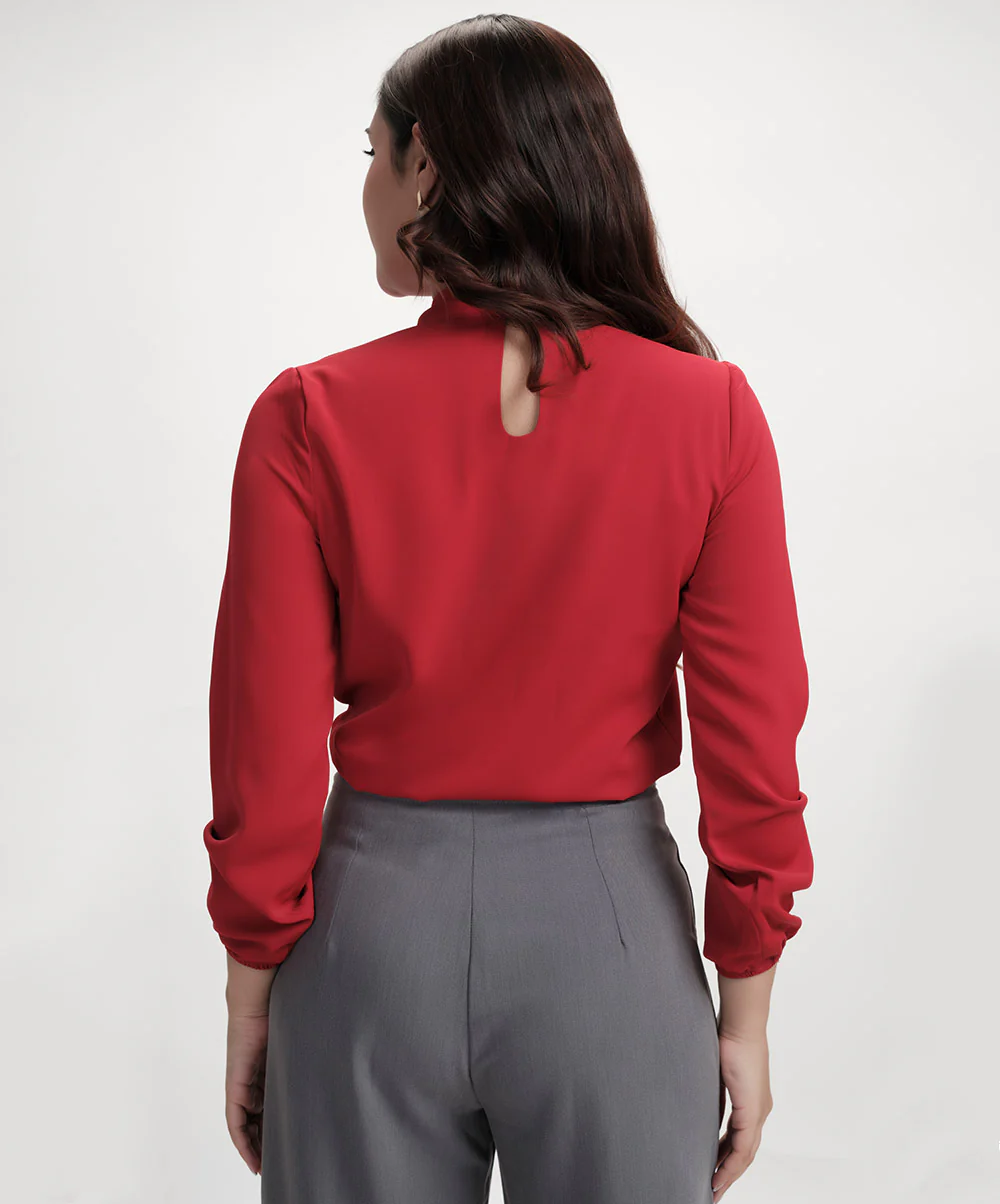 Neck Tie Long Sleeve Red Chiffon Top - Image 3