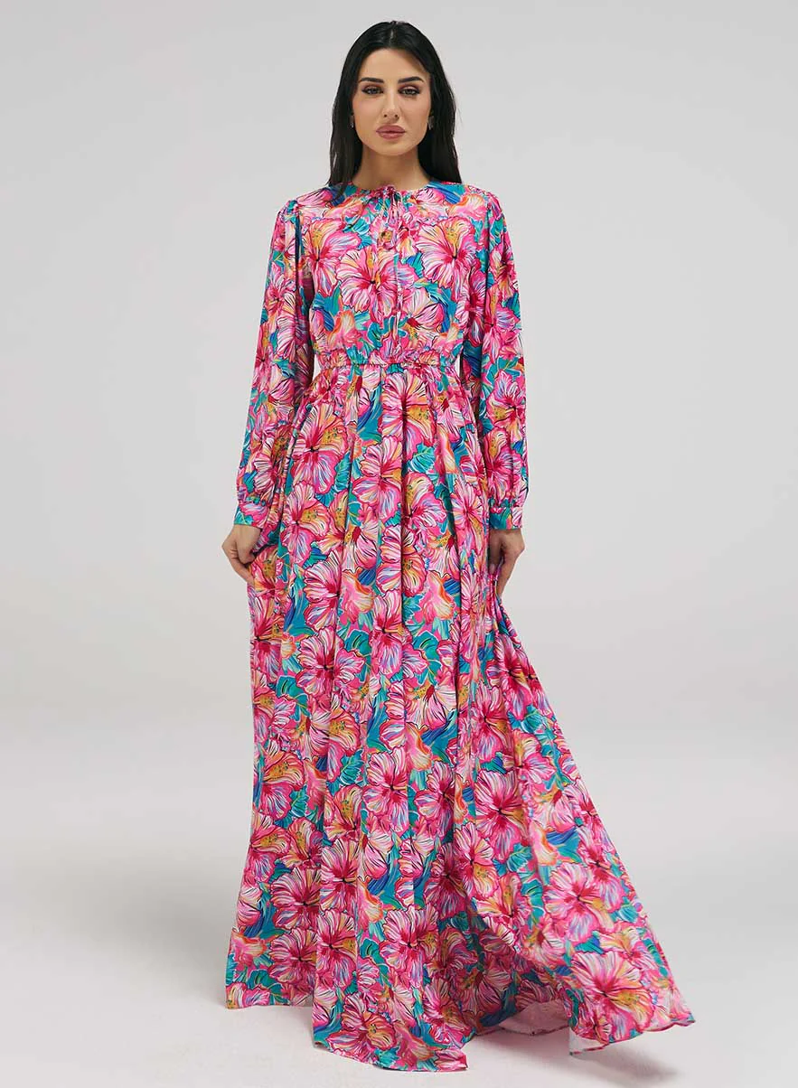 Neck Tie Prined Maxi Dress With Gathered Waist