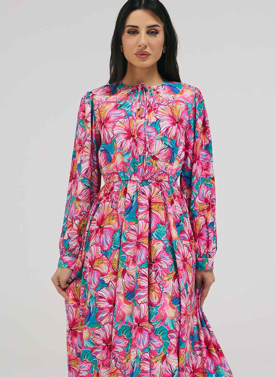 Neck Tie Prined Maxi Dress With Gathered Waist - Image 3