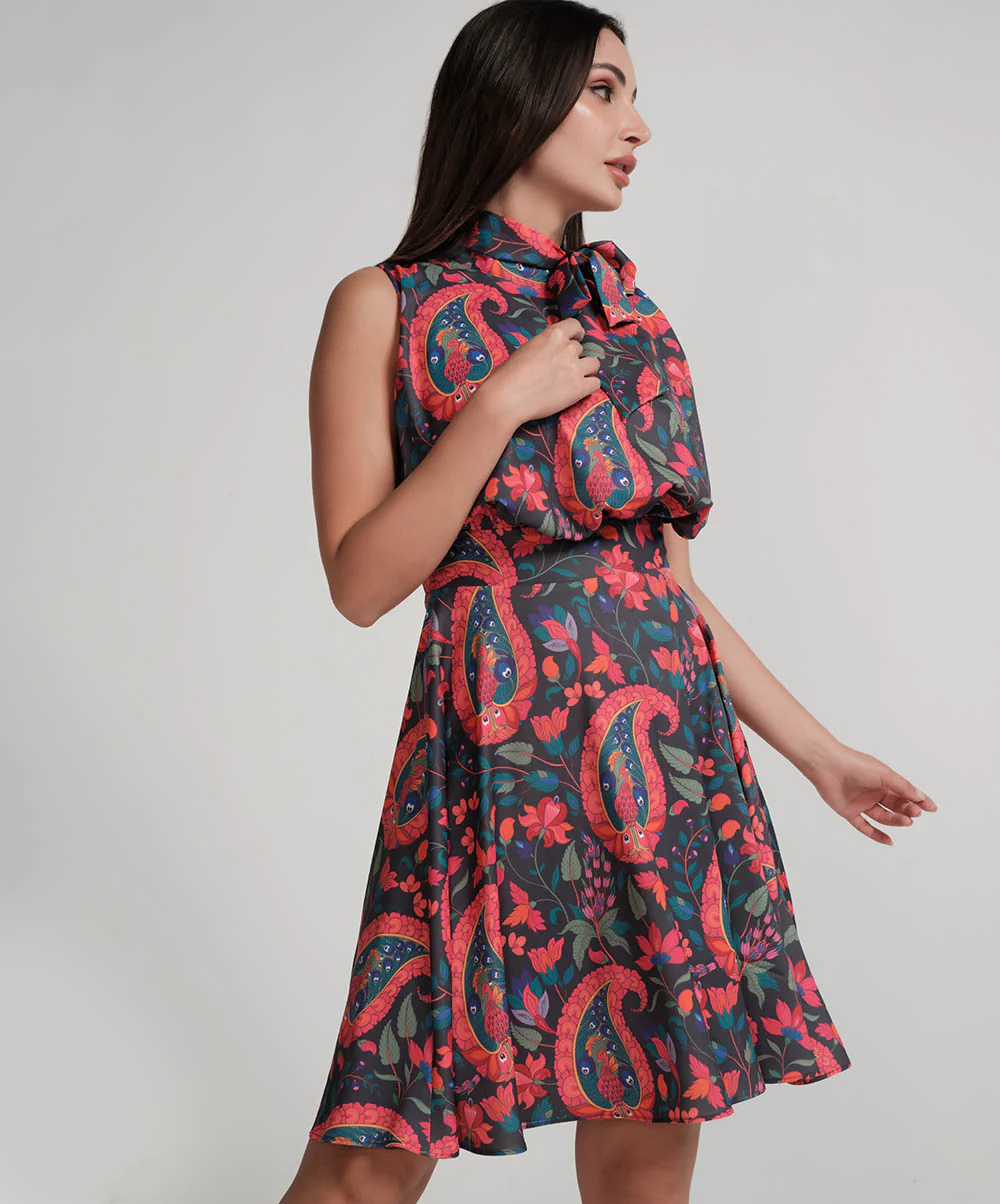Neck Tie Printed Sleeveles Short Dress - Image 2