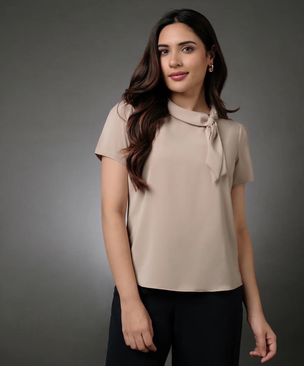 Neck Tie Short Sleeve Grey Top - Image 3