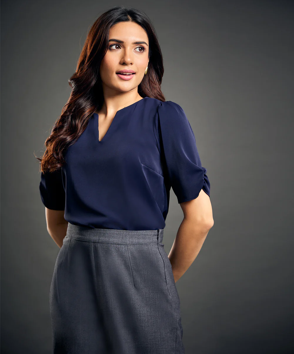 Notched Neck Blue Blouse - Image 3
