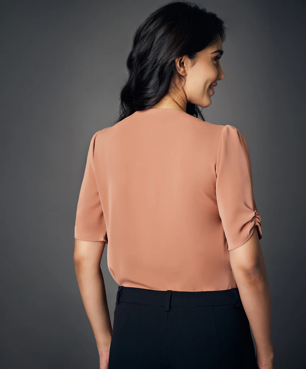 Notched Neck Solid Brown Blouse - Image 3