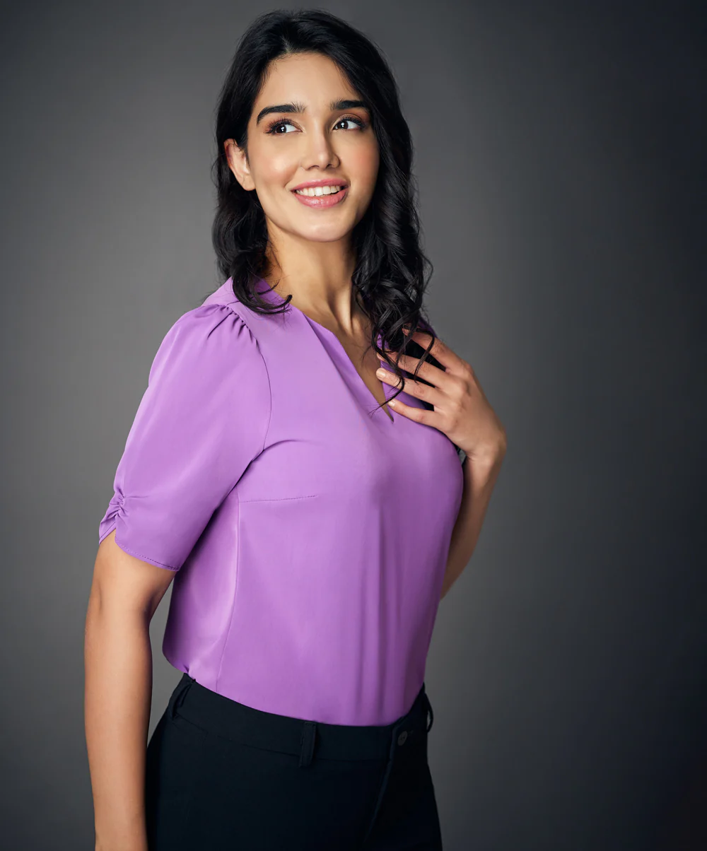 Notched Neck Solid Purple Blouse - Image 2