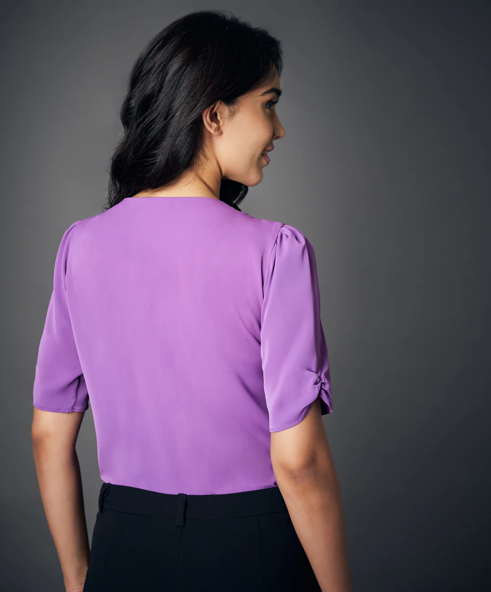 Notched Neck Solid Purple Blouse - Image 3