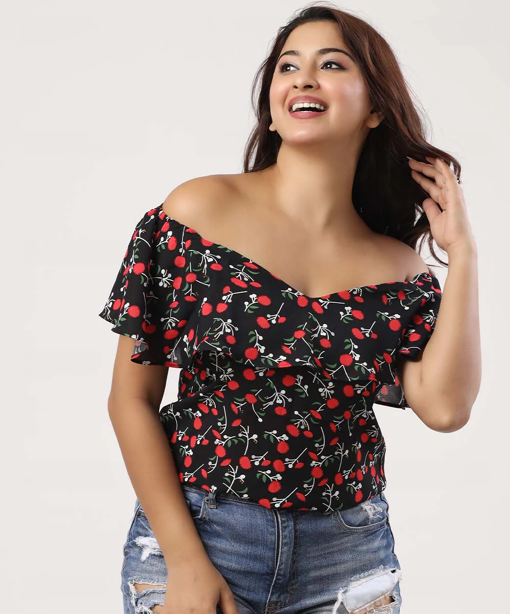 Off-Shoulder Frilled Printed Casual Top
