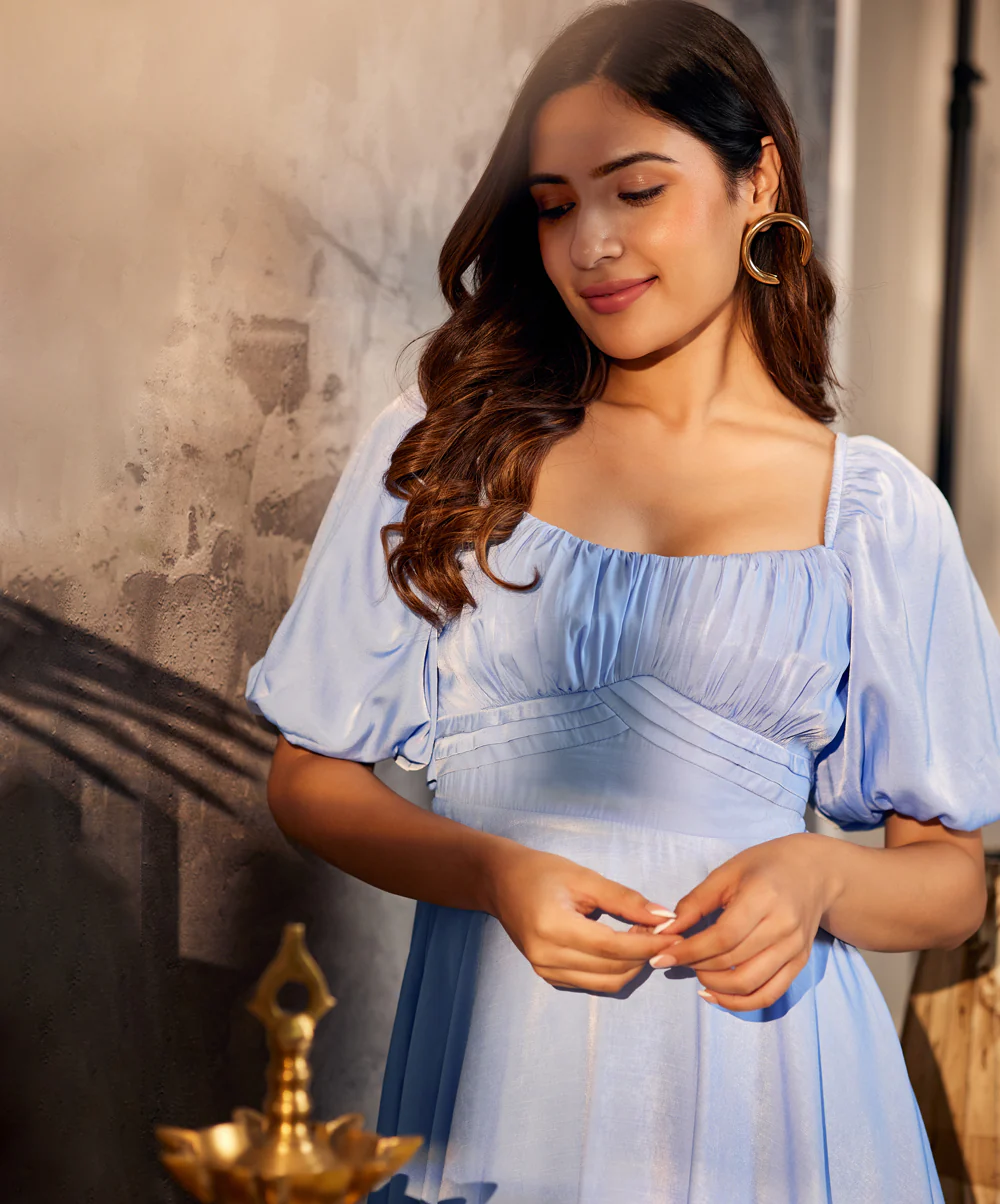 Off-Shoulder Tie-Back Blue Dress - Image 4