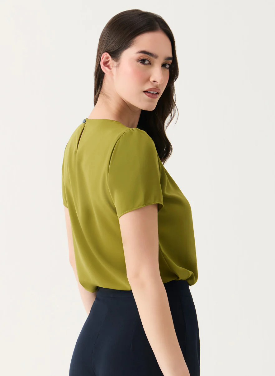 Olive Short Sleeve Chiffon Neck Top - Image 3