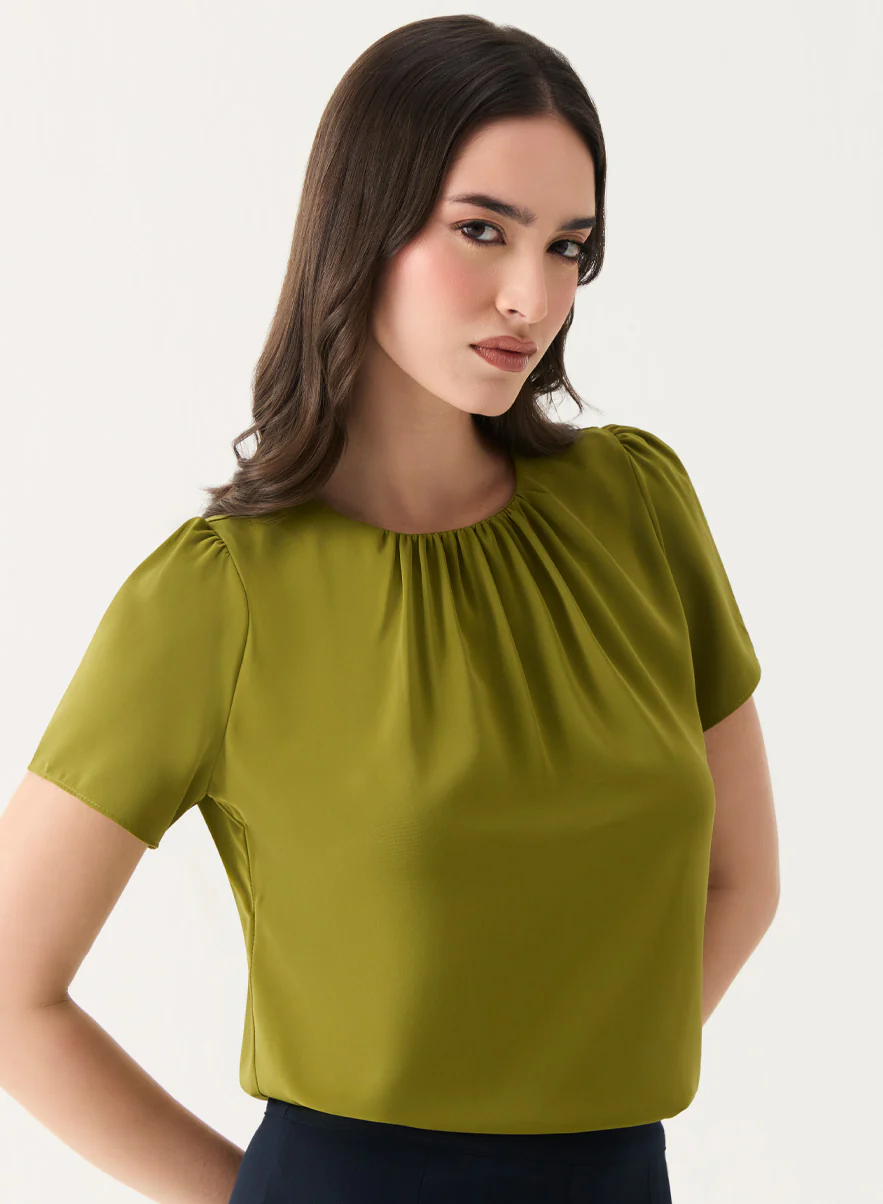 Olive Short Sleeve Chiffon Neck Top - Image 4