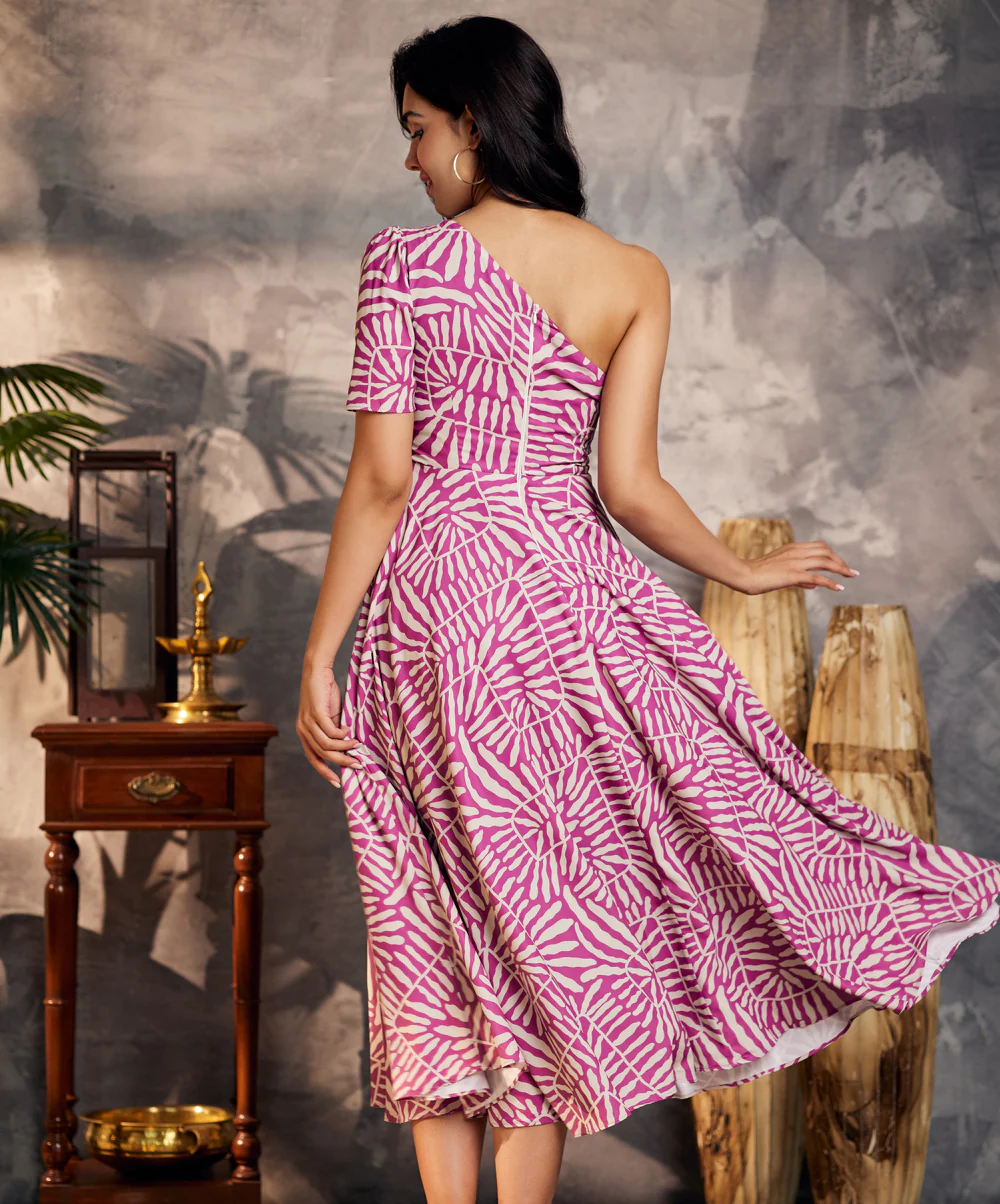 One Shoulder Printed Purple Dress - Image 3