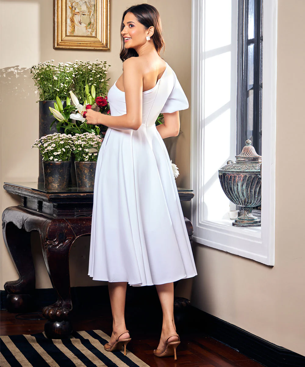 One Shoulder Puff Sleeve White Dress - Image 6