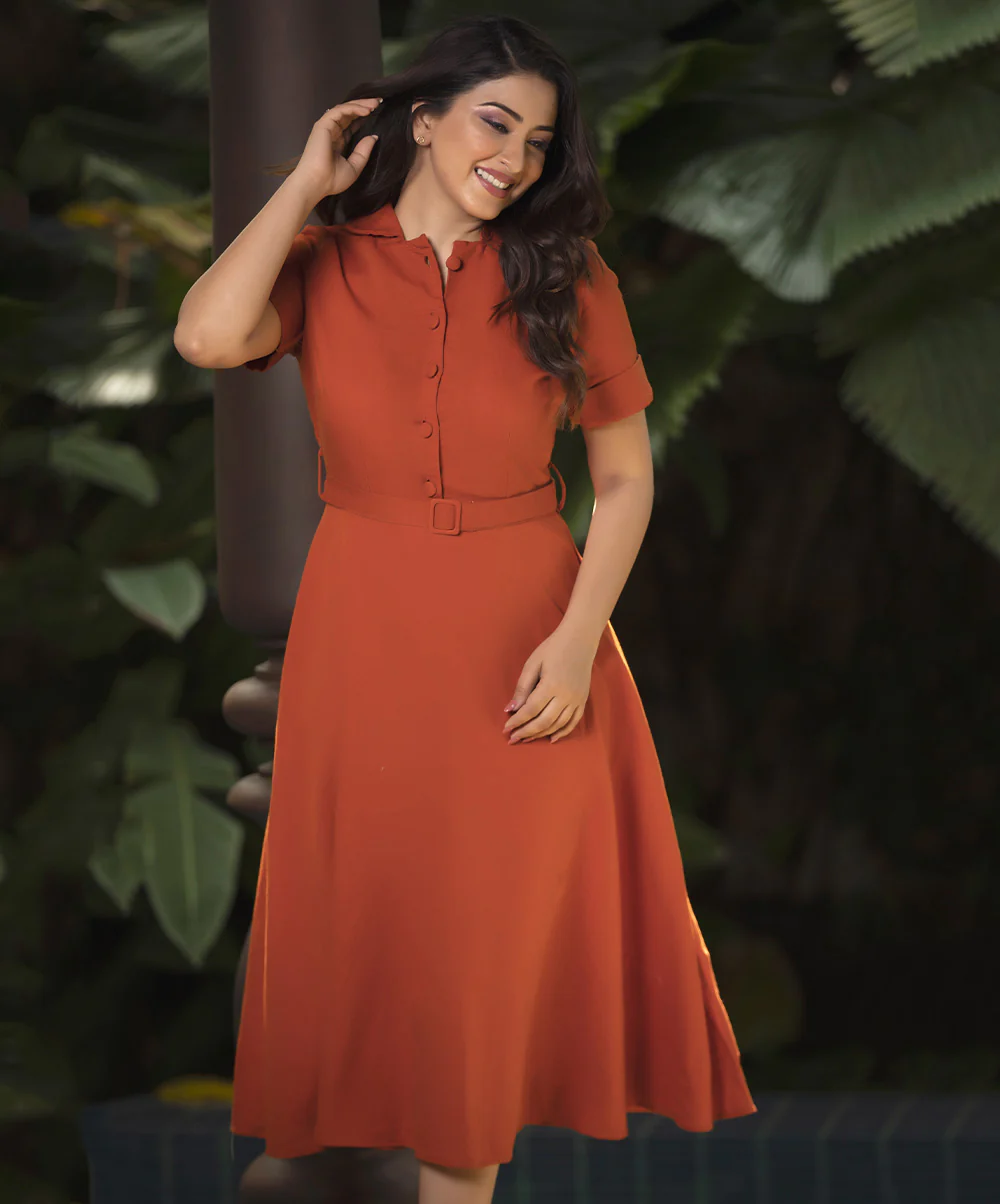 Orange Lapel Detailed Front Buttoned Dress - Image 2