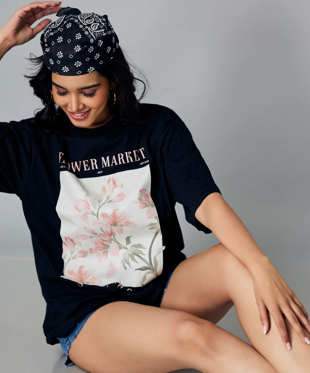 Oversize Black Floral Print Tshirt