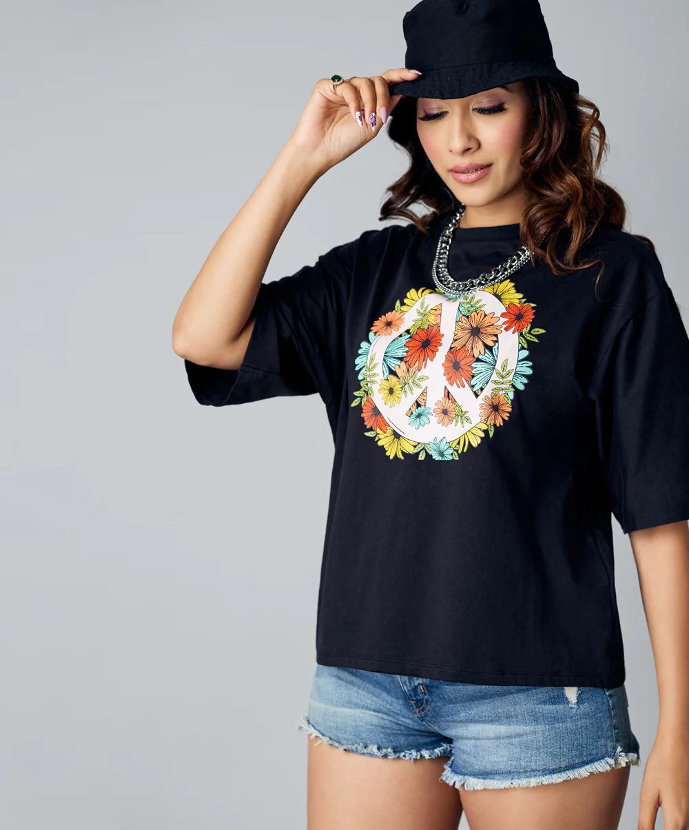 Oversize Black Floral Print Tshirt - Image 2