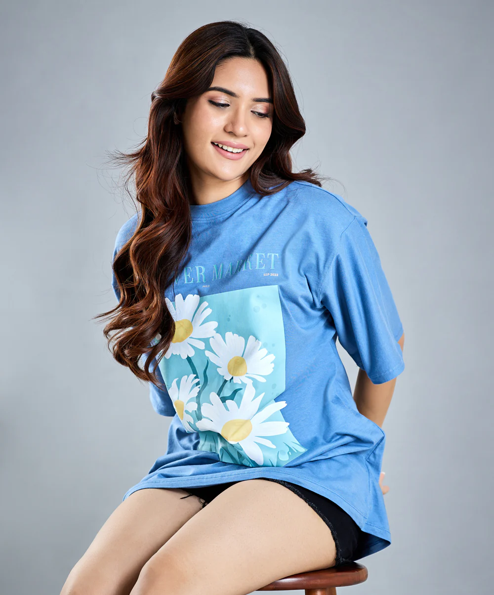 Oversize Blue Floral Print T-Shirt - Image 2