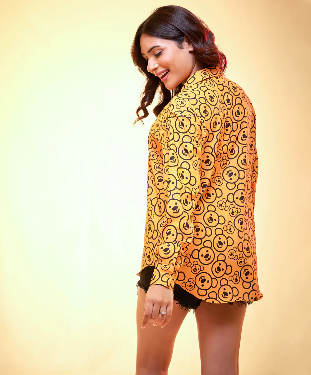 Oversized Chiffon Bear Printed Orange Shirt - Image 3