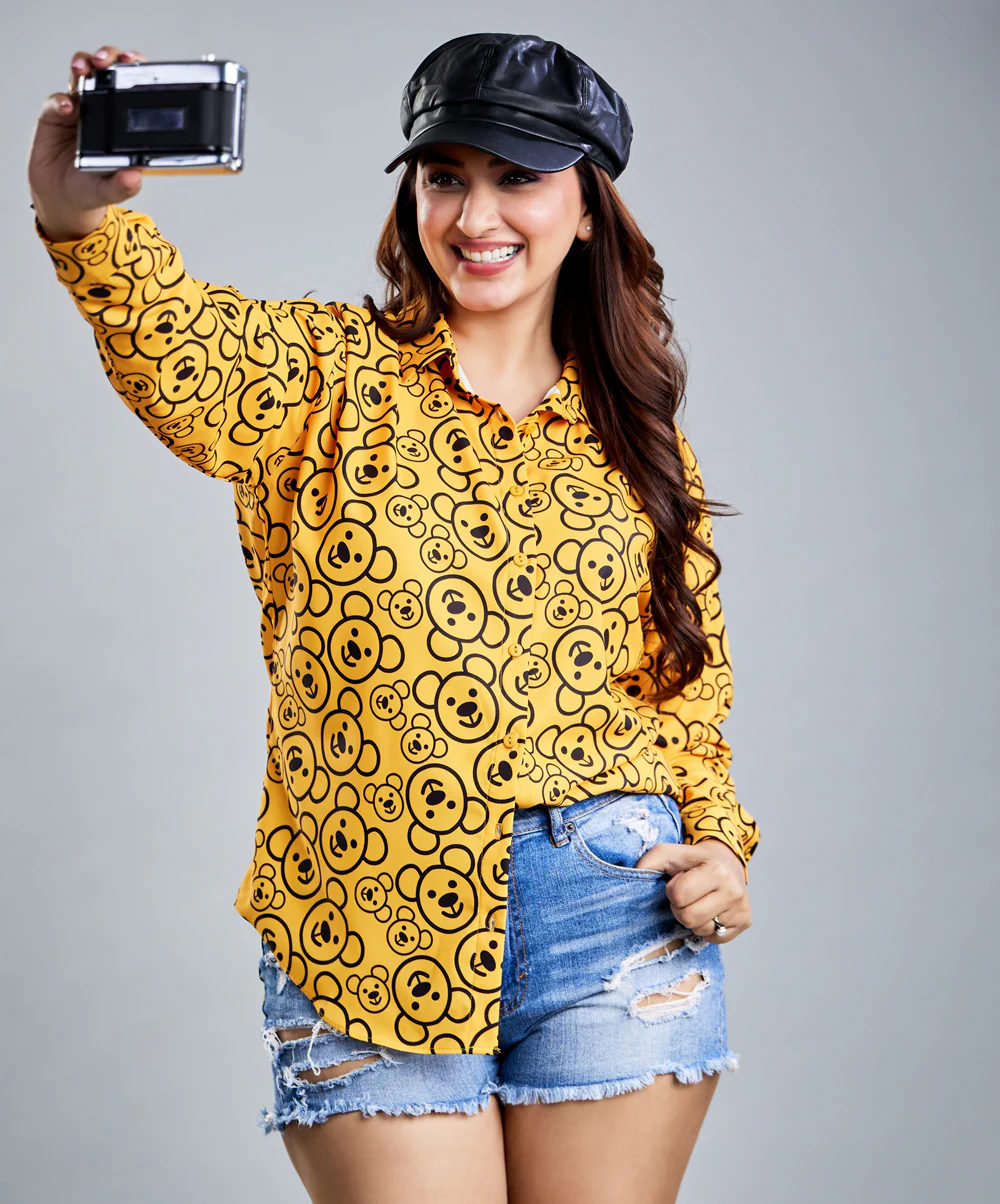 Oversized Chiffon Bear Printed Orange Shirt - Image 4