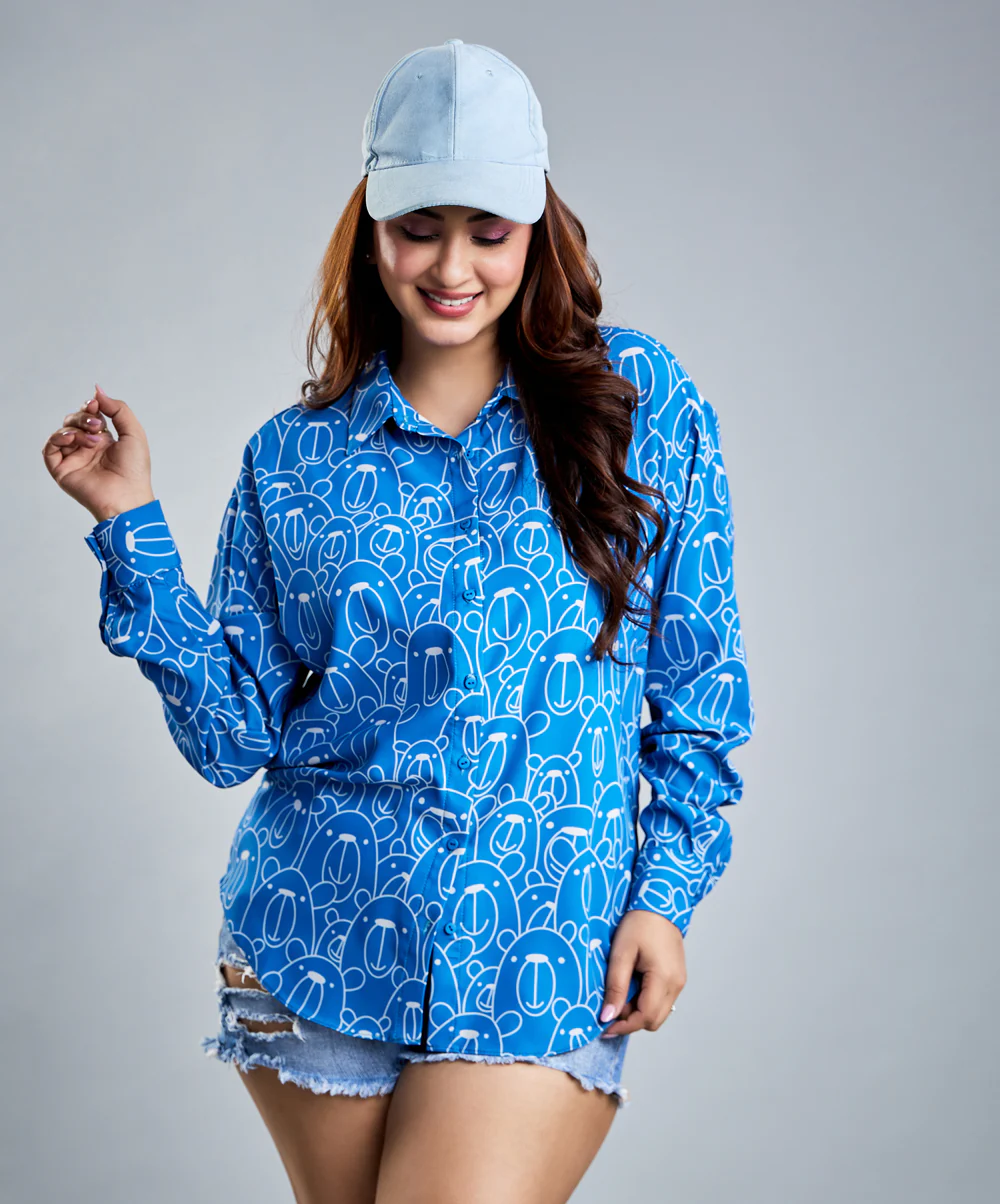 Oversized Chiffon Blue Bear Printed Shirt - Image 6