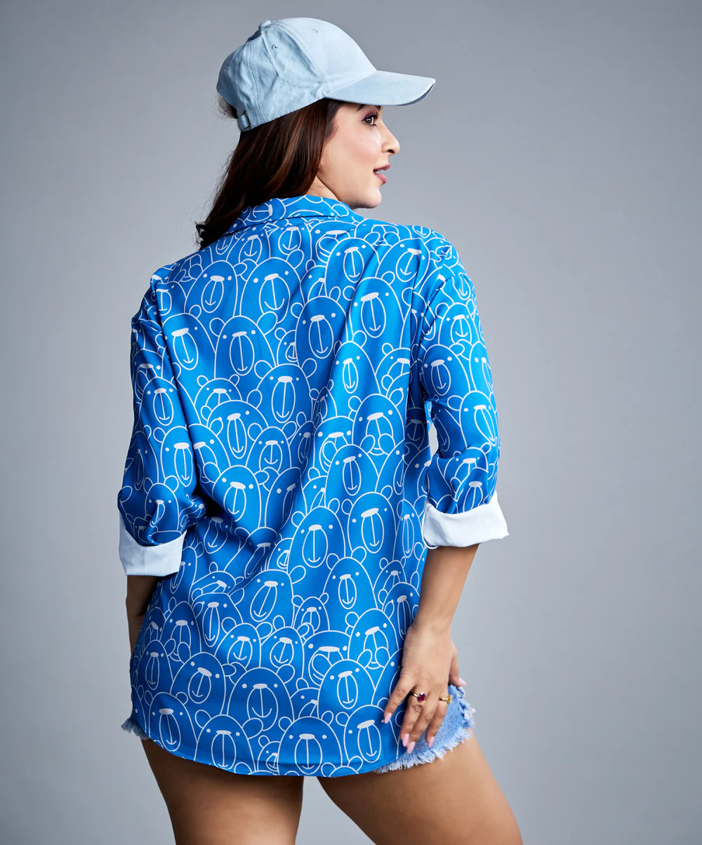 Oversized Chiffon Blue Bear Printed Shirt - Image 8