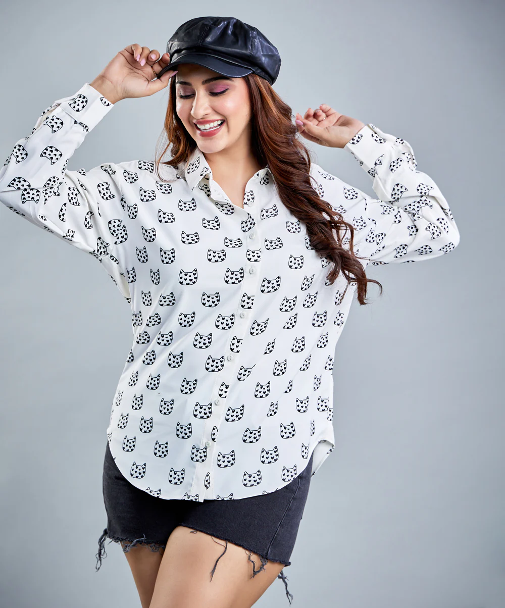 Oversized Chiffon Printed White Shirt - Image 5