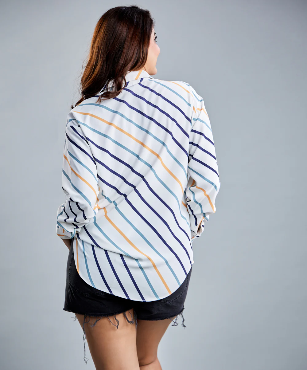 Oversized Chiffon White Stripe Printed Shirt - Image 2