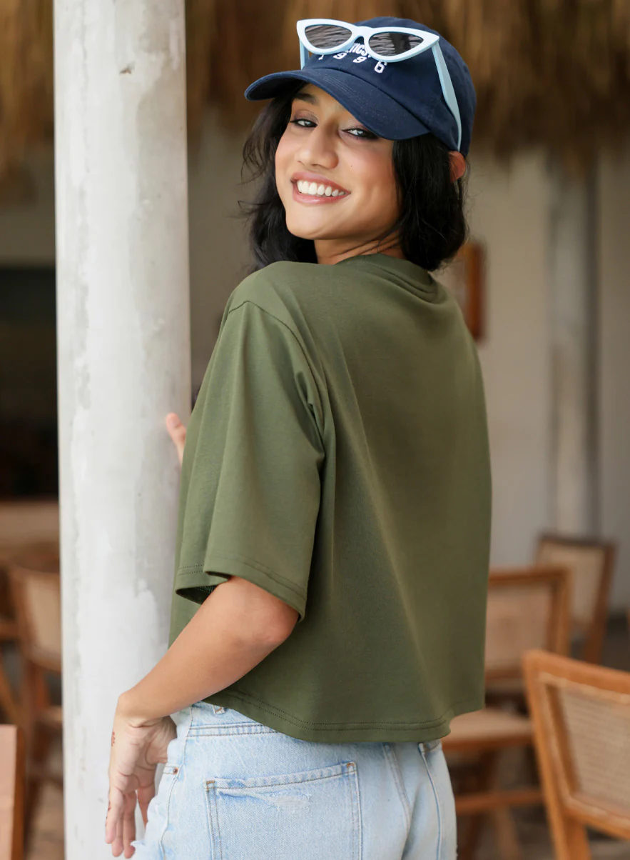 Oversized Crop Style Khaki Green T-Shirt - Image 2