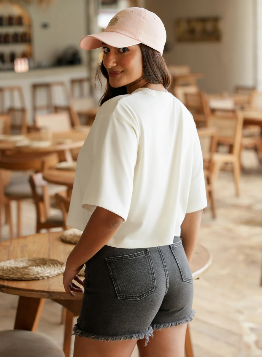 Oversized Crop Style Off White T-Shirt - Image 2