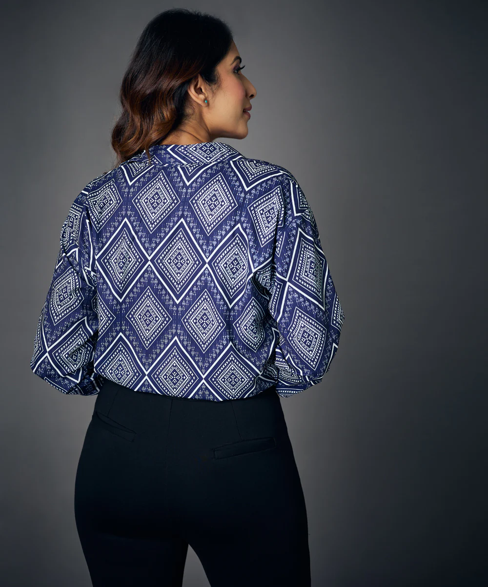 Oversized Ladies Blue Printed Shirt - Image 6