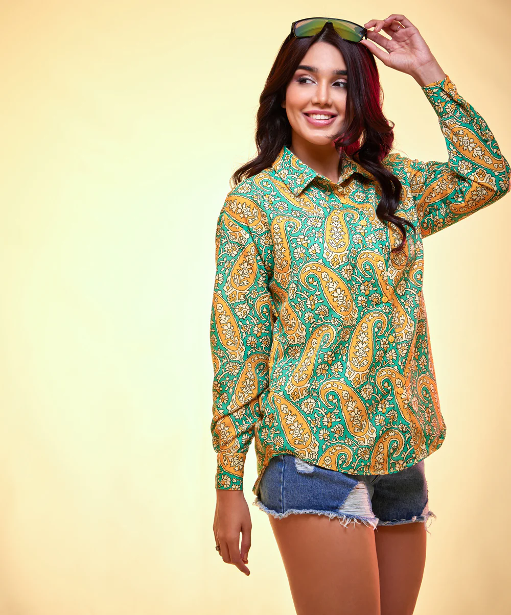Oversized yellow & green printed shirt - Image 3