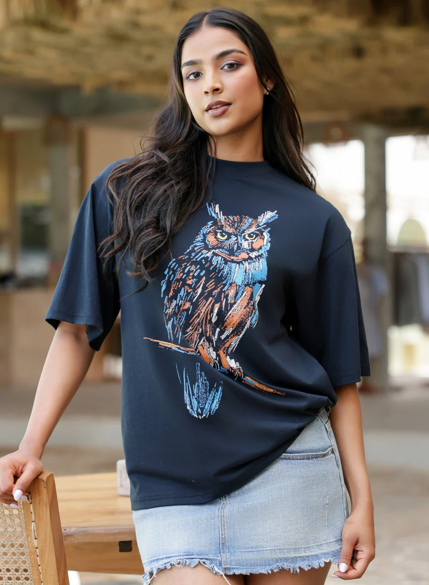 Owl Printed Trendy Oversized T-Shirt - Image 3