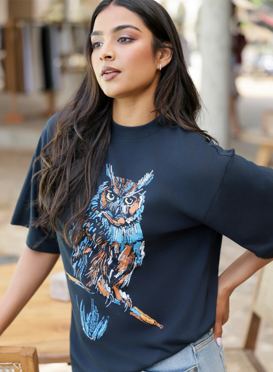 Owl Printed Trendy Oversized T-Shirt - Image 5