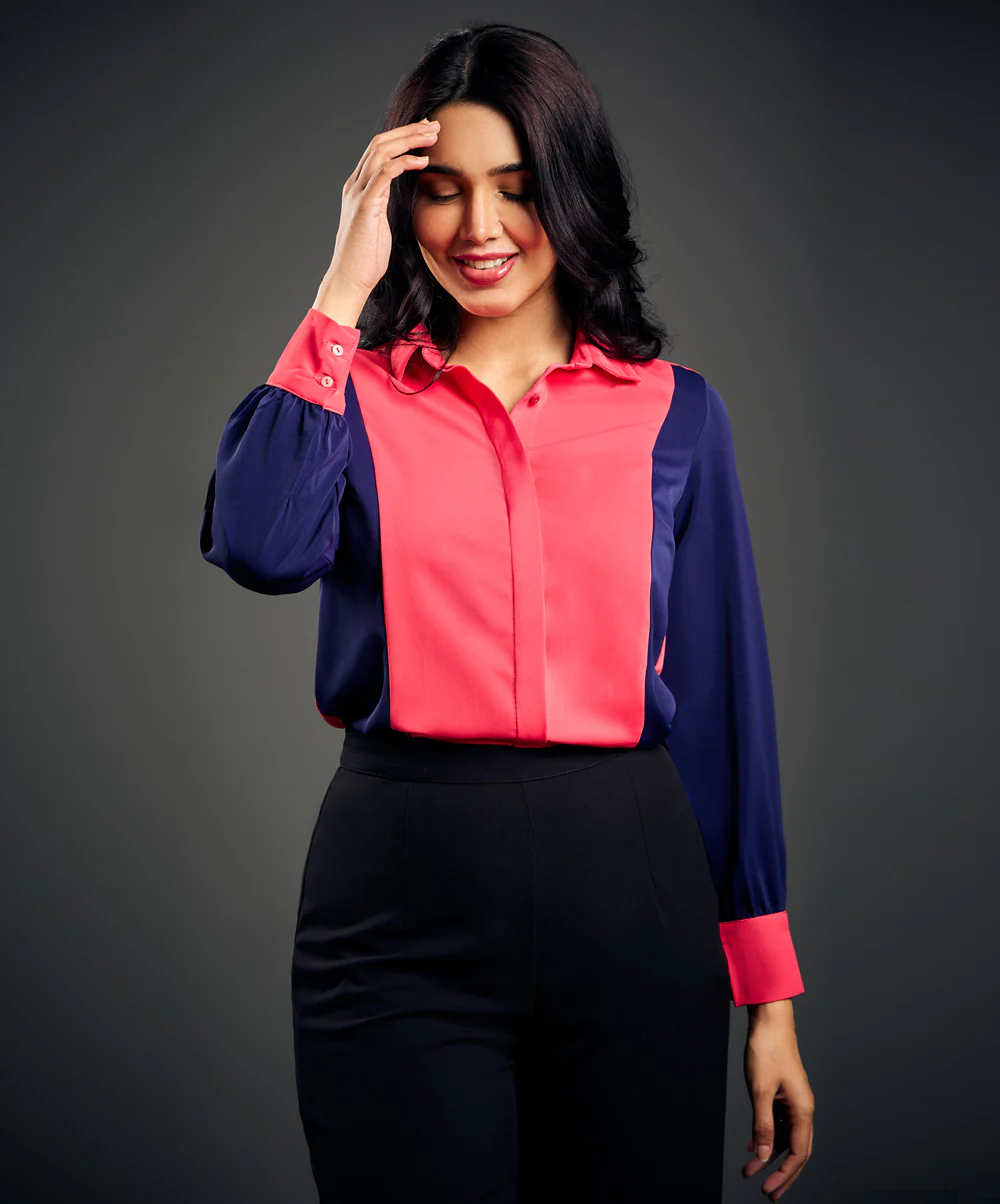 Panel Solid Chiffon Long Sleeve Shirt - Image 3