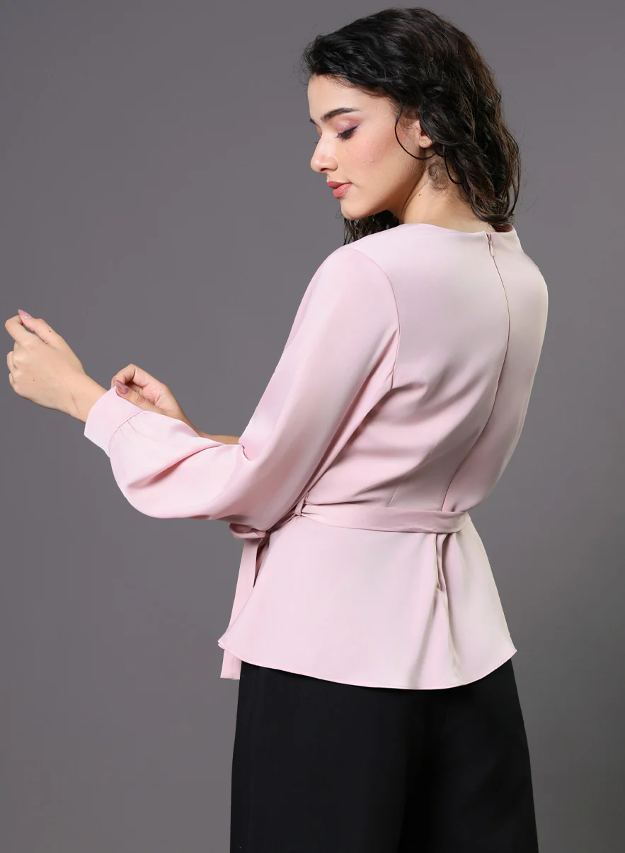 Peplum Waist Tie Pastel Pink Top - Image 2