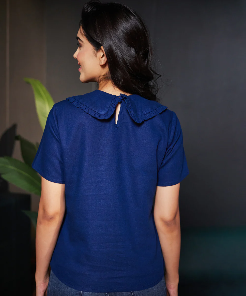 Peterpan Collared Dark Blue Linen Top - Image 3