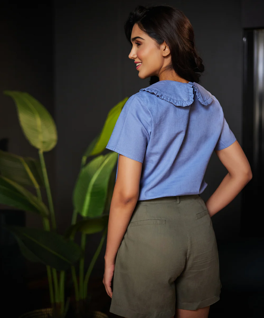Peterpan Collared Light Blue Linen Top - Image 3