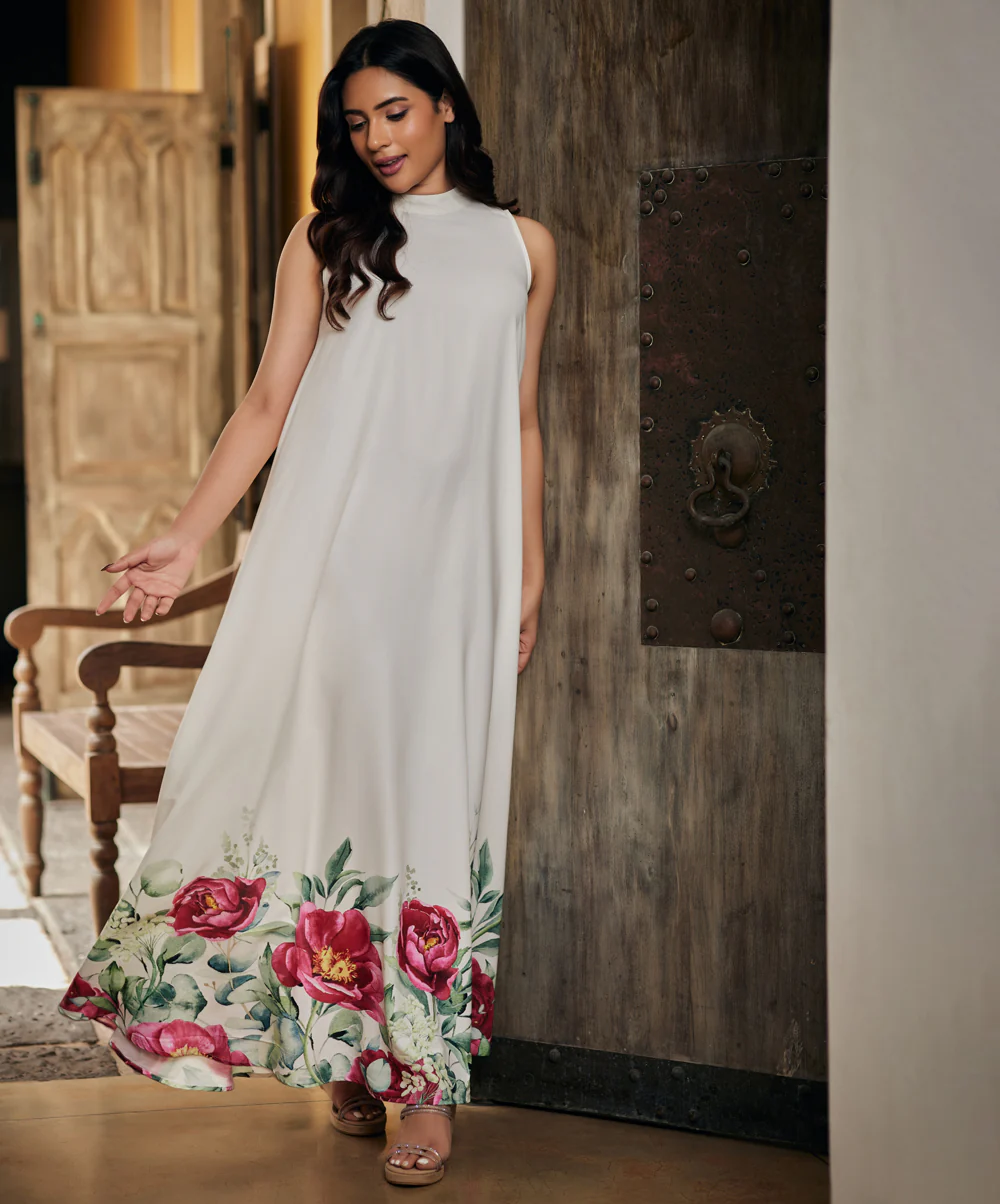 Pink Floral Flared Elegant Maxi Dress - Image 2