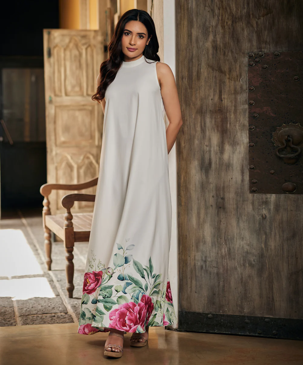 Pink Floral Flared Elegant Maxi Dress - Image 4