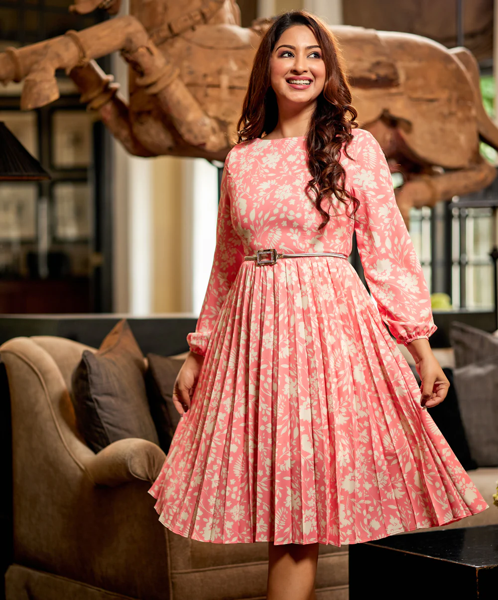 Pink Floral Pleated Chiffon Dress