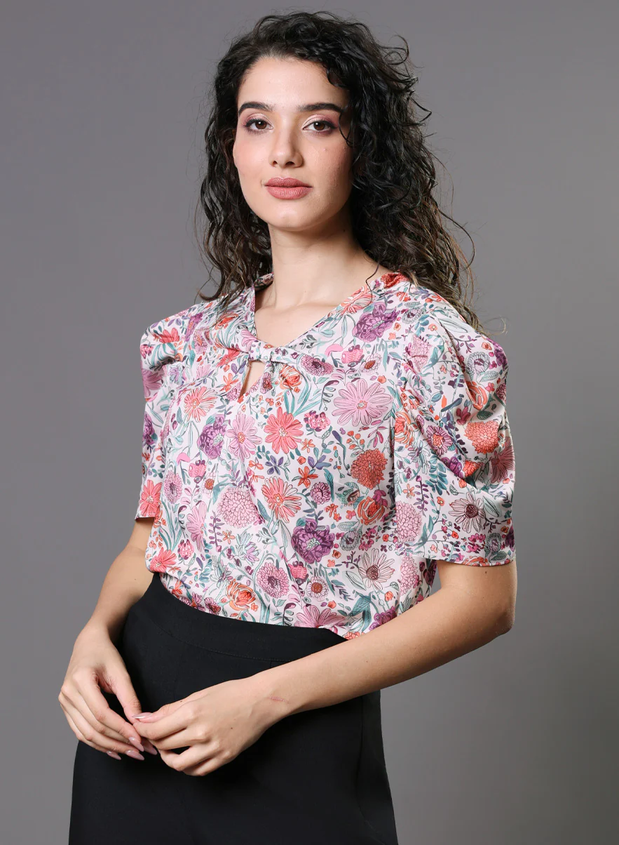 Pink Floral Printed Front Knot Top