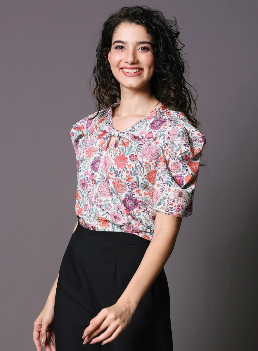 Pink Floral Printed Front Knot Top - Image 2
