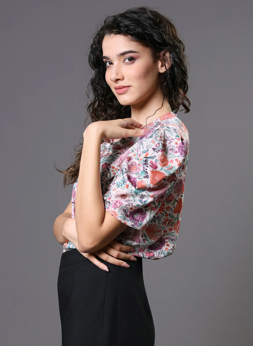 Pink Floral Printed Front Knot Top - Image 4
