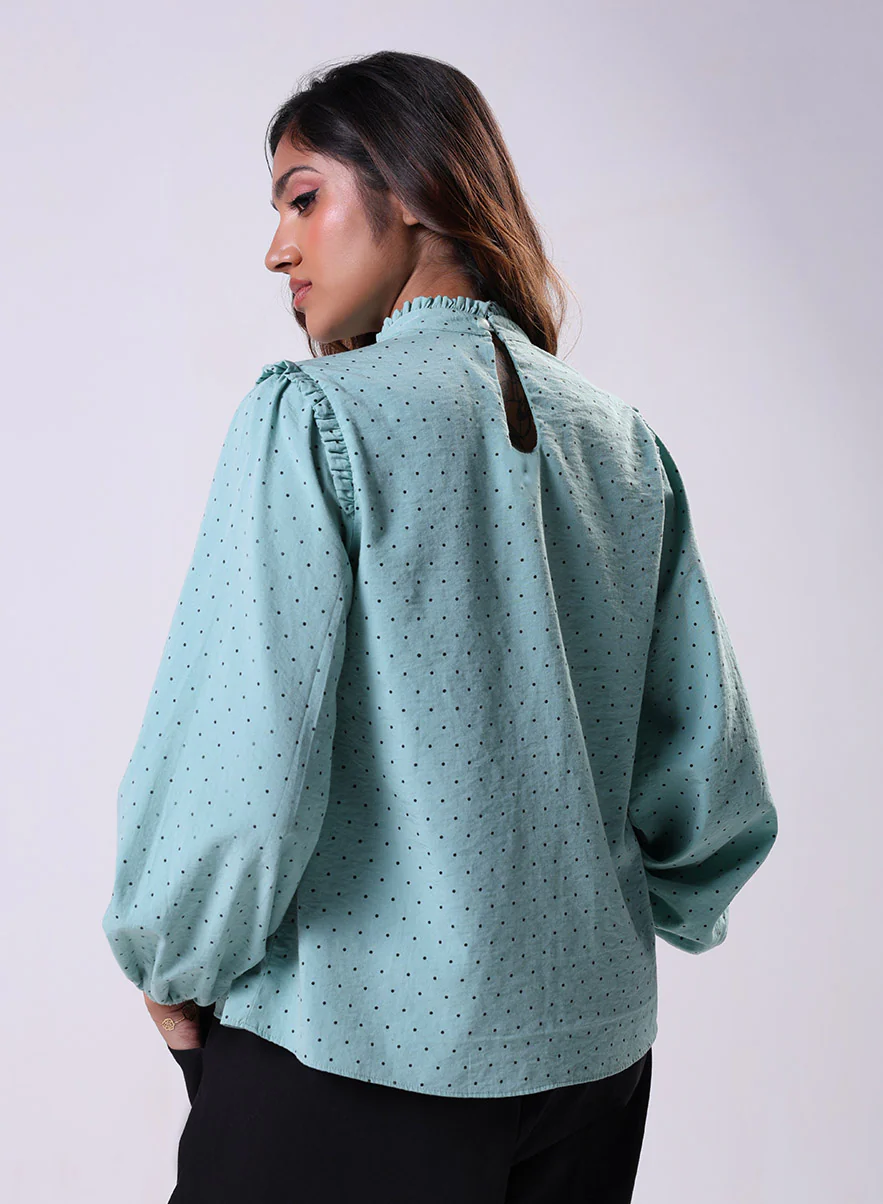 Pintuck Detailed Polka Dot Green Top - Image 4