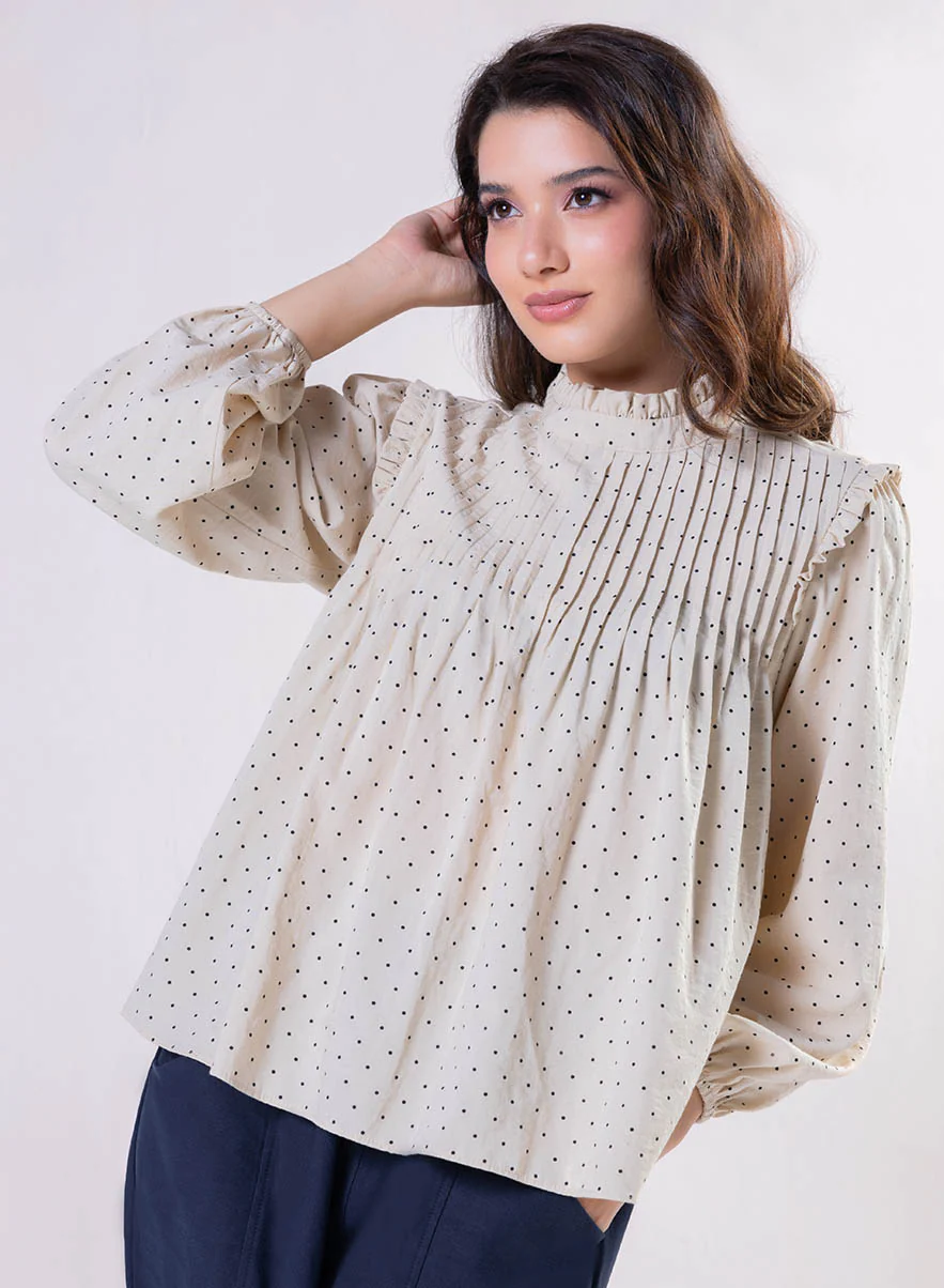 Pintuck Detailed Polka Dot Printed Top