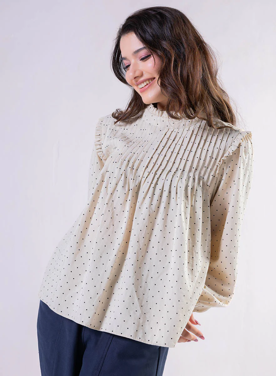 Pintuck Detailed Polka Dot Printed Top - Image 3