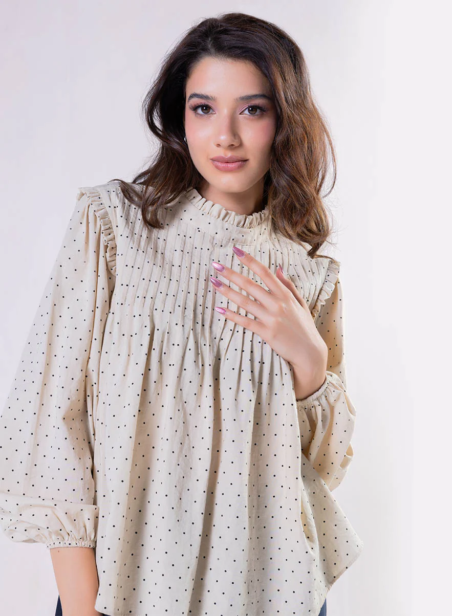 Pintuck Detailed Polka Dot Printed Top - Image 4